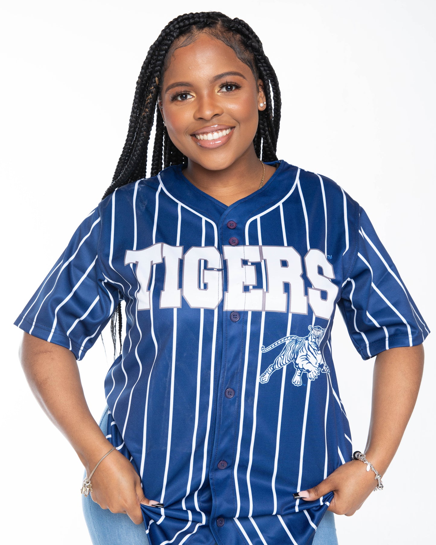 JACKSON STATE UNIVERSITY PINSTRIPE BUTTON DOWN BASEBALL JERSEY